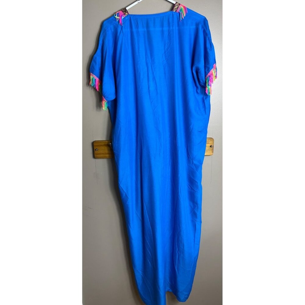 Tribal Ethnic Maxi Tunic Blue Colorful Neon Fringe V-Neck Unisex Costume Size M - Picture 3 of 6